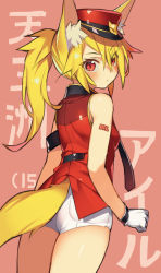 Rule 34 | 1girl, animal ears, bad id, bad pixiv id, bare shoulders, blonde hair, blush, cowboy shot, fox ears, fox tail, from behind, gloves, hat, katou itsuwa, long hair, looking at viewer, pink background, ponytail, red eyes, short shorts, shorts, slit pupils, solo, tail, uniform, white gloves