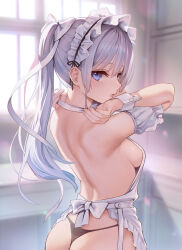 Rule 34 | 1girl, apron, ass, black panties, blue eyes, blurry, blurry background, breasts, commentary, detached sleeves, grey hair, highres, indoors, kitchen, long hair, looking at viewer, looking back, maid apron, maid day, maid headdress, medium breasts, michiking, original, panties, parted lips, ponytail, sideboob, solo, symbol-only commentary, thong, underwear, white wrist cuffs, wrist cuffs
