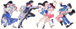 Rule 34 | 3boys, 5girls, arm up, ascot, ass, bare legs, bare shoulders, black ascot, black hair, black jacket, black pants, blue dress, blue footwear, blue hair, blue jacket, blue pants, blue shirt, carrying, charging forward, closed eyes, collared shirt, commentary, couple, cross-laced footwear, crossdressing, dancing, dress, dress shirt, english commentary, eye contact, face-to-face, facing another, floating hair, formal, grey footwear, grey jacket, grey pants, grey vest, hands up, happy, hetero, highres, jacket, laughing, leaning back, leaning forward, leaning on person, long skirt, long sleeves, looking at another, medium hair, multicolored hair, multiple boys, multiple girls, necktie, necktie grab, neckwear grab, off-shoulder dress, off shoulder, open mouth, original, outstretched arm, outstretched arms, pants, pink hair, profile, purple hair, red dress, red hair, red necktie, reverse trap, shawl, shirt, shirt tucked in, short dress, short hair, short sleeves, side slit, simple background, skirt, socks, standing, standing on one leg, strapless, strapless dress, suit, two-tone hair, umishima senbon, vest, white ascot, white background, white jacket, white shirt, white socks, yaoi, yuri