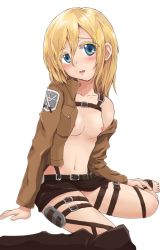 Rule 34 | 1girl, arm support, blonde hair, blue eyes, blush, breasts, krista lenz, colored eyelashes, female focus, jacket, looking at viewer, navel, nipples, norio minami, open clothes, shingeki no kyojin, shiny skin, simple background, sitting, solo, strap, white background