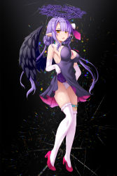 Rule 34 | black dress, blunt bangs, breasts, clothes lift, detached collar, dress, dress lift, earrings, elbow gloves, feathered wings, gloves, halo, high heels, highres, jewelry, large breasts, lifted by self, long hair, looking at viewer, okuri banto, open mouth, original, panties, pointy ears, purple hair, thigh strap, thighhighs, two-sided dress, two-sided fabric, underwear, white gloves, white panties, white thighhighs, wings, yellow eyes