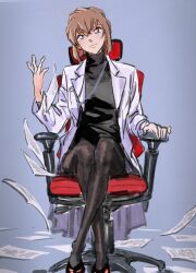 Rule 34 | 1girl, arm up, black pantyhose, black sweater, brown hair, crossed legs, flying paper, full body, hair between eyes, highres, id card, lab coat, light smile, long sleeves, looking to the side, masso, meitantei conan, miyano shiho, on chair, pantyhose, paper, short hair, sitting, solo, sweater, turtleneck, turtleneck sweater