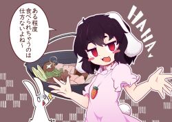 Rule 34 | 1girl, :3, animal ears, black hair, blush, blush stickers, breasts, brown background, carrot necklace, commentary request, cooking pot, dress, floppy ears, food, frilled sleeves, frills, inaba tewi, jewelry, kanisawa yuuki, laughing, looking at viewer, meat, mushroom, nabe, necklace, onion, open mouth, pink dress, rabbit, rabbit ears, rabbit girl, red eyes, short hair, small breasts, smile, smug, solo, soup, touhou, translation request, upper body, water