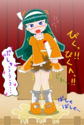 Rule 34 | 1girl, between legs, blue eyes, blush, crying, dress, embarrassed, female focus, full body, go! go! itsutsugo land, green hair, half-closed eyes, hand between legs, have to pee, heart, holding, indoors, kinokuniya mikan, kneehighs, knees together feet apart, long hair, long sleeves, looking at viewer, nose blush, nyahgo, open mouth, orange dress, orange footwear, peeing, peeing self, puddle, shoes, socks, solo, spoken heart, stage, standing, tears, text focus, translation request, trembling, wet, wet clothes, white socks