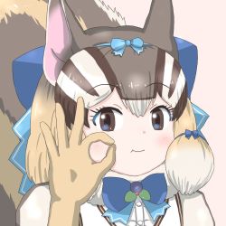 Rule 34 | 1girl, animal costume, animal ear fluff, animal ears, bow, bowtie, brown eyes, brown hair, chipmunk costume, chipmunk ears, chipmunk girl, chipmunk tail, extra ears, gloves, kemono friends, kemono friends v project, looking at viewer, microphone, mukouyama mu, multicolored hair, ribbon, scarf, shirt, short hair, siberian chipmunk (kemono friends), simple background, solo, tail, vest, virtual youtuber, white hair