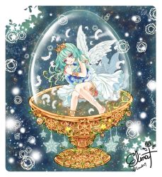 Rule 34 | 1girl, angel, angel wings, armlet, artist name, blue eyes, blue hair, commentary request, cup, dress, earth (planet), elina (e2n04n), feathers, in container, in cup, long hair, hugging object, original, planet, plant, sleeveless, sleeveless dress, star (symbol), starry background, thighlet, tiara, twitter username, vines, white dress, wings
