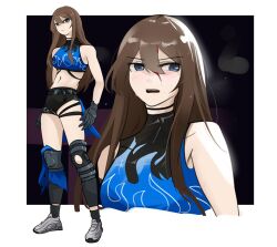Rule 34 | 1girl, absurdres, alternate universe, asamiya mariko (holeecrab), belt, black belt, black choker, black gloves, black shorts, black socks, black thighhighs, blood, blood on face, blue eyes, blue shirt, breasts, brown hair, choker, commentary, cropped shirt, english commentary, flame print, gloves, grey footwear, hair between eyes, halter shirt, halterneck, highres, holeecrab, long hair, looking to the side, medium breasts, midriff, multiple views, navel, open mouth, original, shirt, shoes, shorts, sneakers, socks, solo, thighhighs, very long hair, wrestling outfit