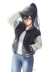 Rule 34 | 1girl, arm up, artist name, black hair, blush, bow, breasts, denim, hair between eyes, hair bow, hand in own hair, hand in pocket, high ponytail, highres, idolmaster, idolmaster shiny colors, jacket, large breasts, long hair, long sleeves, looking at viewer, multicolored clothes, multicolored jacket, mzmch, open mouth, ponytail, shirase sakuya, shirt, signature, simple background, smile, solo, two-tone jacket, white background, white shirt, yellow eyes