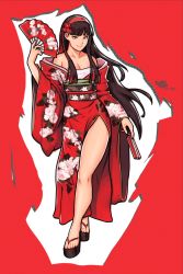 Rule 34 | 1girl, absurdres, aged up, alternate costume, amagi yukiko, bare legs, bare shoulders, black hair, breasts, cleavage, commentary, dual wielding, english commentary, feet, floral print, flower, folding fan, full body, grey eyes, hair flower, hair ornament, hairband, hand fan, highres, hime cut, holding, holding fan, japanese clothes, kimono, legs, long hair, long legs, medium breasts, obi, off shoulder, persona, persona 4, print kimono, red background, red hairband, red kimono, sandals, sarashi, sash, side slit, solo, toes, two-tone background, vj99, white background, wide sleeves