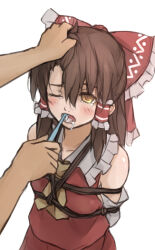 Rule 34 | 1girl, 1other, ascot, bdsm, blush, bondage, bound, bow, brown hair, brushing another&#039;s teeth, chinese commentary, commentary request, detached sleeves, frilled bow, frilled hair tubes, frills, hair between eyes, hair bow, hair tubes, hakurei reimu, hand in another&#039;s hair, long hair, open mouth, red bow, restrained, shibari, simple background, solo focus, tears, toothbrush, touhou, white background, xiao qiang (overseas), yellow ascot, yellow eyes