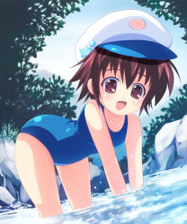 Rule 34 | 1boy, bad id, bad pixiv id, bent over, brown hair, hat, male focus, marino roki, marinon, one-piece swimsuit, open mouth, original, sailor hat, school swimsuit, smile, solo, swimsuit, trap, wading