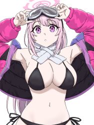 Rule 34 | 1girl, armpits, bikini, black bikini, blue archive, blush, breasts, brilliantko, cleavage, closed mouth, eimi (blue archive), eimi (swimsuit) (blue archive), goggles, goggles on head, halo, highres, jacket, large breasts, long hair, long sleeves, looking at viewer, navel, official alternate costume, open clothes, open jacket, pink eyes, pink hair, pink halo, pink jacket, simple background, solo, swimsuit, upper body, very long hair, white background
