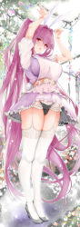 Rule 34 | 1girl, absurdres, alternate costume, animal ears, arms up, belt, black panties, breasts, rabbit ears, rabbit tail, clothing cutout, dress, fate/grand order, fate (series), flower, garter straps, heart cutout, high heels, highres, large breasts, long hair, looking at viewer, outdoors, panties, parted lips, ponytail, purple hair, red eyes, scathach (fate), scathach (fate), short sleeves, skirt, solo, tail, thighhighs, toyoman, tree, underwear, very long hair