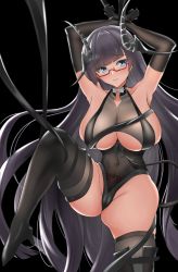 Rule 34 | 1girl, azur lane, bare shoulders, black gloves, black thighhighs, blue eyes, breasts, cleavage, glasses, gloves, gneisenau (azur lane), gneisenau (nightmarish succubus) (azur lane), heart, heart tattoo, highres, hikagen yoshio, large breasts, long hair, looking at viewer, pubic tattoo, red-framed eyewear, solo, stomach tattoo, tattoo, thighhighs, thighs