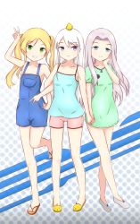 Rule 34 | 3girls, absurdres, aged down, animal, animal on head, animal slippers, arm up, azur lane, bare arms, bare shoulders, bird, bird on head, blonde hair, blue camisole, blue eyes, blue flower, blue rose, brown footwear, brown shorts, camisole, chick, closed mouth, collarbone, commentary request, double v, dress, enterprise (azur lane), flower, girl sandwich, green dress, green eyes, grin, hair between eyes, highres, holding hands, hornet (azur lane), interlocked fingers, locked arms, long hair, multiple girls, on head, overall shorts, overalls, parted bangs, puffy short sleeves, puffy sleeves, purple eyes, rose, sandals, sandwiched, shoes, short shorts, short sleeves, shorts, siblings, silver hair, sisters, slippers, smile, standing, standing on one leg, toenails, twintails, v, very long hair, white footwear, yellow footwear, yorktown (azur lane), yuujoduelist, zouri