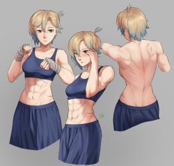 Rule 34 | 1girl, a chestnuthead, back, blonde hair, blue hair, blue pants, blue shirt, breasts, closed mouth, crop top, green eyes, highres, medium breasts, midriff, multicolored hair, muscular, muscular female, navel, original, pants, scar, shirt, solo, stomach, topless