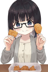 Rule 34 | &gt;:), 1girl, black-framed eyewear, black hair, blue eyes, blush, breasts, closed mouth, dress, food, food on face, glasses, grey jacket, hands up, highres, holding, holding food, jacket, long sleeves, looking at viewer, mimikaki (men bow), open clothes, open jacket, original, semi-rimless eyewear, simple background, small breasts, smile, solo, under-rim eyewear, v-shaped eyebrows, white background, white dress
