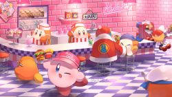 Rule 34 | apron, bandana waddle dee, brick wall, burger, can, checkered floor, food, french fries, hat, highres, king dedede, kirby, kirby (series), looking at another, looking at viewer, magolor, milkshake, mr. bright, mr. shine, napkin, nintendo, ochanoda, paint roller (kirby), roller skates, sailor waddle dee, sink, skates, soda, spoon, waddle dee