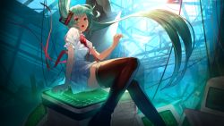 Rule 34 | 1girl, aqua eyes, aqua hair, bad id, bad pixiv id, black thighhighs, boots, bow, hatsune miku, highres, jandy, long hair, looking at viewer, open mouth, ribbon, shirt, sitting, skirt, solo, thigh boots, thighhighs, twintails, vocaloid, warehouse, zettai ryouiki