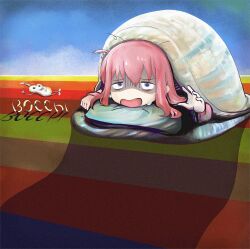 Rule 34 | 1girl, album cover, album cover redraw, bed, blanket, blue eyes, bocchi the rock!, cover, derivative work, emerson lake &amp; palmer, gotoh hitori, highres, jacket, long hair, lying, nishizono shin, one side up, open mouth, parody, pillow, pink hair, pink jacket, tarkus (album), track jacket, under covers