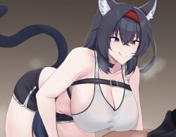 Rule 34 | 1boy, 1girl, :q, absurdres, animal ears, arknights, bare arms, bare shoulders, bent over, black hair, black shorts, blaze (arknights), blue eyes, breasts, cat ears, cat tail, commentary, crop top, doctor (arknights), grey background, hair between eyes, hairband, highres, kanta (kanta 077), large breasts, long hair, midriff, red hairband, shorts, smile, tail, tank top, thighs, tongue, tongue out, white tank top