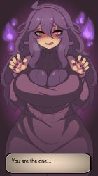 Rule 34 | 1girl, @ @, absurdres, ahoge, alternate breast size, blush, breasts, cowboy shot, creatures (company), dress, game freak, gradient background, hair between eyes, hairband, half-closed eyes, hex maniac (pokemon), highres, large breasts, long dress, long hair, long sleeves, messy hair, nail polish, nintendo, open mouth, pokemon, pokemon xy, purple background, purple dress, purple eyes, purple hair, purple nails, shnibbles, simple background, smile, solo, standing, sweat, text box, turtleneck, wavy mouth