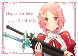 Rule 34 | 1girl, blush, character name, closed mouth, dark repulser, elucidator, enokimo me, freckles, hair ornament, hairclip, happy birthday, highres, holding, holding sheath, lisbeth (sao), long sleeves, looking at viewer, neck ribbon, parted bangs, pink hair, red eyes, red ribbon, ribbon, sheath, sheathed, short hair, smile, solo, striped ribbon, sword, sword art online, upper body, weapon, white background
