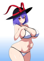 1girl absurdres bikini black_hat blue_background blush bow breasts cleavage closed_mouth commentary_request cowboy_shot gradient_background groin hat hat_bow highres huge_breasts looking_at_viewer nagae_iku navel pink_nails purple_hair red_bow red_eyes short_hair smile solo ssaf_seibeupail swimsuit touhou variant_set white_bikini