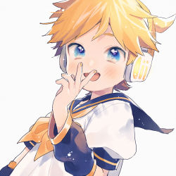 Rule 34 | 1boy, :d, arm at side, blonde hair, blue eyes, blush, detached sleeves, fingernails, hand to own mouth, headset, kagamine len, kouhara yuyu, looking at viewer, male focus, nail polish, open mouth, puffy short sleeves, puffy sleeves, ribbon, sailor collar, shirt, short hair, short sleeves, simple background, smile, solo, upper body, vocaloid, white background, white shirt, yellow nails, yellow neckwear, yellow ribbon
