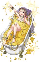 Rule 34 | 1girl, :d, anklet, arm up, bangle, barefoot, bathtub, beads, blush, bracelet, breasts, brown hair, chalice, cleavage, cleopatra the 8th, coin, crown, cup, eyeshadow, feet, full body, gem, gold bar, hair beads, hair ornament, highres, jewelry, unworn jewelry, long hair, looking at viewer, lying, makeup, necklace, unworn necklace, official art, open mouth, pearl necklace, princess principal, princess principal game of mission, ring, smile, solo, sparkle, toes, transparent background