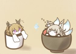 Rule 34 | 2girls, anchorage (azur lane), animal ear fluff, azur lane, blonde hair, blue butterfly, bug, butterfly, chibi, cup, closed eyes, hair between eyes, in container, in cup, insect, kitsune, koti, multiple girls, multiple tails, purple eyes, shinano (azur lane), simple background, sleeping, tail, twintails, very long sleeves, white tail, yellow background, zzz