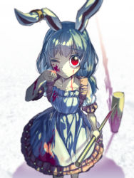 Rule 34 | 1girl, animal ears, blood, blood on face, blood on clothes, bloody weapon, blue dress, blue hair, rabbit ears, dress, earclip, from above, hammer, kine, long hair, low twintails, mallet, one eye closed, puffy sleeves, red eyes, seiran (touhou), short sleeves, solo, touhou, twintails, weapon, white background, zounose