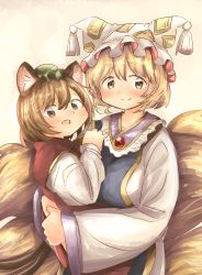 Rule 34 | 2girls, animal ears, animal hat, arms up, blonde hair, blush, brooch, brown eyes, brown hair, cat ears, chen, commentary, dress, fox tail, gradient background, green headwear, hat, highres, holding person, jewelry, long sleeves, looking at viewer, mob cap, multiple girls, multiple tails, ofuda, ofuda on clothes, open mouth, pink background, red vest, shirt, short hair, shuu (sirokumasabu), smile, standing, symbol-only commentary, tabard, tail, tassel, touhou, upper body, vest, white dress, white shirt, yakumo ran, yellow eyes