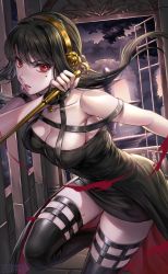 Rule 34 | 1girl, bare shoulders, black dress, black footwear, black gloves, black hair, blood, boots, box (hotpppink), breasts, cleavage, commentary, commentary request, dagger, dress, dual wielding, earrings, fingerless gloves, gloves, hairband, highres, holding, holding dagger, holding knife, holding weapon, jewelry, knife, medium breasts, mole, mole under eye, red eyes, short dress, short hair, solo, spy x family, symbol-only commentary, tailcoat, thigh boots, weapon, window, yellow hairband, yor briar