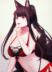 Rule 34 | 1girl, :d, akagi (azur lane), akagi (paradise amaryllis) (azur lane), animal ears, artist name, azur lane, bikini, black bikini, black hair, blunt bangs, breasts, cleavage, clenched hand, collarbone, cross-laced clothes, floating hair, flower, fox ears, fox tail, from side, front-tie bikini top, front-tie top, gradient background, grey background, hair flower, hair ornament, hand on own chin, hand up, high ponytail, highleg, highleg swimsuit, highres, hip focus, hirein, large breasts, leaning forward, long hair, multicolored bikini, multicolored clothes, multiple tails, navel, open mouth, ponytail, red bikini, red eyes, red flower, red sarong, sarong, sidelocks, signature, smile, solo, straight hair, swimsuit, tail, upper body, very long hair