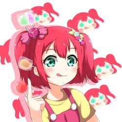 Rule 34 | 1girl, :p, alternate costume, basukechi, blush, bow, candy, crossover, food, fujiya, green eyes, hair bow, highres, holding, holding candy, holding food, holding lollipop, kurosawa ruby, lollipop, love live!, love live! sunshine!!, outline, overalls, peko-chan, pink bow, pink hair, pink outline, pink overalls, pointing, pointing up, polka dot, polka dot bow, shirt, short hair, simple background, solo, tongue, tongue out, two side up, white background, yellow bow, yellow shirt