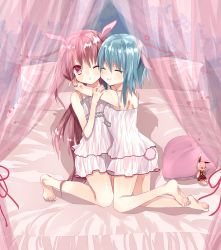 Rule 34 | 2girls, ;o, ^ ^, animal ears, bad id, bad pixiv id, barefoot, bed, blue hair, blush, rabbit ears, rabbit tail, camisole, closed eyes, copon xox, curtains, dress, closed eyes, heart, heart-shaped pillow, highres, hug, kamichi miyaki, kneeling, lingerie, long hair, multiple girls, on bed, one eye closed, original, personification, pillow, pink hair, red eyes, short hair, smile, stuffed animal, stuffed rabbit, stuffed toy, tail, underwear, underwear only, very long hair, wink