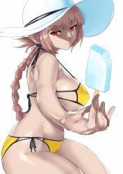 Rule 34 | 1girl, bikini, braid, breasts, closed mouth, fate/grand order, fate (series), florence nightingale (chaldea lifesavers) (fate), florence nightingale (fate), food, foreshortening, halterneck, hat, highres, hotate-chan, large breasts, light smile, long hair, looking at viewer, multi-strapped bikini bottom, multi-strapped bikini top, navel, outstretched arm, pink hair, popsicle, red eyes, side-tie bikini bottom, sideboob, simple background, single braid, sitting, solo, strap gap, sun hat, swimsuit, white background, yellow bikini