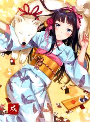 Rule 34 | 1girl, animal, blunt bangs, blush, chinese zodiac, commentary request, dog, flower, from above, hair flower, hair ornament, hair ribbon, hanetsuki, japanese clothes, kimono, long hair, looking at viewer, lying, new year, obi, on back, original, ribbon, sash, smile, tagme, tan (tangent), wide sleeves, year of the dog, yukata