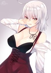 Rule 34 | 1girl, ahoge, bad id, bad pixiv id, bare shoulders, black bra, blush, bra, breasts, cleavage, corset, fate/grand order, fate (series), grey background, hair between eyes, hand on own face, highres, jeanne d&#039;arc (fate), jeanne d&#039;arc alter (avenger) (fate), jeanne d&#039;arc alter (fate), large breasts, long sleeves, looking at viewer, meme attire, open mouth, ramchi, shirt, short hair, signature, simple background, solo, underwear, virgin killer outfit, white hair, white shirt, yellow eyes