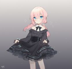 Rule 34 | 1girl, arknights, bare shoulders, black bow, black bowtie, black corset, black dress, blue eyes, blue poison (arknights), blush, bow, bowtie, breasts, closed mouth, collared shirt, corset, cowboy shot, dress, frilled dress, frills, gradient background, grey background, hair between eyes, light particles, long hair, long sleeves, looking at viewer, low twintails, off-shoulder dress, off shoulder, pink hair, ruri (dailybloopy), shirt, sidelocks, simple background, skirt hold, sleeveless, sleeveless shirt, sleeves past wrists, small breasts, solo, sparkle, striped bow, striped bowtie, striped clothes, twintails, white shirt