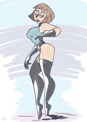 Rule 34 | 1girl, ass, black gloves, bodysuit, boots, breasts, brown hair, curvy, danny phantom, full body, gloves, highleg, highleg leotard, highres, large breasts, leotard, light smile, lips, lipstick, maddie fenton, makeup, purple eyes, roger bacon, shiny clothes, short hair, smile, solo, standing, thigh boots, thighs, wide hips