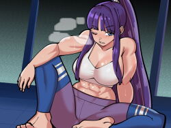 Rule 34 | 1girl, abs, alternate costume, alternate hairstyle, altina (fire emblem), bare shoulders, barefoot, biceps, blue eyes, blunt bangs, blush, breasts, breath, cleavage, collarbone, commentary, english commentary, eyelashes, fingernails, fire emblem, fire emblem: radiant dawn, heavy breathing, large breasts, long hair, mnejing30, muscular, muscular female, navel, nintendo, nose blush, one eye closed, pants, ponytail, purple hair, shiny skin, sidelocks, sitting, solo, sports bra, sweat, very long hair, white sports bra, yoga pants