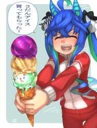 Rule 34 | 1girl, :d, ^ ^, ahoge, animal ears, blue hair, closed eyes, commentary, crossed bangs, ear covers, green hair, hair between eyes, hair ribbon, highres, horse ears, ice cream cone, ice cream scoop, long hair, long sleeves, multicolored hair, open mouth, outstretched arms, ribbon, sharp teeth, sidelocks, signature, simple background, smile, solo, speech bubble, streaked hair, teeth, thin (suzuneya), track uniform, translated, twin turbo (umamusume), twintails, two-tone hair, umamusume, v-shaped eyebrows
