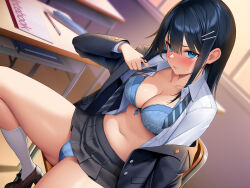 Rule 34 | 1girl, arm up, black hair, blazer, blue bra, blue eyes, blue necktie, blue panties, blunt bangs, blurry, blurry background, blush, bow, bow bra, bra, breasts, buttons, cameltoe, classroom, clothes lift, collared shirt, depth of field, desk, diagonal-striped clothes, diagonal-striped necktie, dutch angle, floral print, grey skirt, hair between eyes, hair ornament, hairclip, highres, indoors, jacket, kneehighs, large breasts, loafers, long hair, long sleeves, mechanical pencil, miniskirt, navel, necktie, notebook, off shoulder, open clothes, open jacket, open shirt, original, panties, parted lips, pencil, pencil case, pleated skirt, re:shimashima, school desk, school uniform, shirt, shoes, sidelocks, sitting, skirt, skirt lift, socks, solo, striped clothes, sweat, thong, underwear, undressing, white shirt, white socks, window