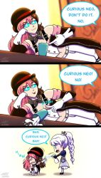 Rule 34 | 2girls, :3, braid, brown hair, comic, curious cat (rwby), english text, gloves, hat, highres, multicolored hair, multiple girls, neo politan, pink hair, possessed, possession, rwby, spilled drink, spilled milk, teeth, two-tone hair, weiss schnee, white hair