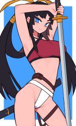 Rule 34 | 1girl, armpits, arms up, belt, bikini, black hair, blue eyes, blush, breasts, fate/grand order, fate (series), hacco mayu, highres, holding, holding sword, holding weapon, katana, long hair, looking at viewer, red bikini, sheath, smile, solo, swimsuit, sword, unsheathed, ushiwakamaru (fate), ushiwakamaru (fate/grand order), ushiwakamaru (swimsuit assassin) (fate), ushiwakamaru (swimsuit assassin) (second ascension) (fate), very long hair, weapon