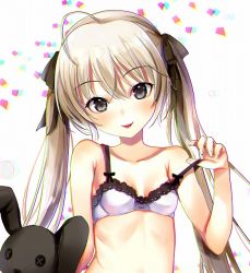 Rule 34 | 1girl, ahoge, armpit crease, bare arms, bare shoulders, black eyes, black ribbon, blush, bra, breasts, breasts apart, closed mouth, collarbone, commentary request, hair ribbon, hand up, head tilt, kasugano sora, lace, lace-trimmed bra, lace trim, long hair, looking at viewer, maumen, ribbon, sidelocks, silver hair, simple background, small breasts, smile, strap pull, stuffed animal, stuffed rabbit, stuffed toy, tongue, tongue out, twintails, underwear, upper body, white background, white bra, yosuga no sora
