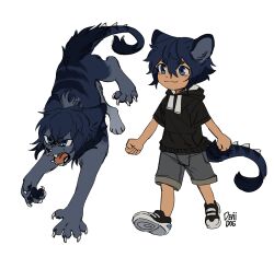 Rule 34 | 1boy, :3, animal ears, animalization, artist name, black footwear, black hoodie, blue eyes, blue hair, child, closed mouth, commentary, deviidog0, english commentary, full body, fur-tipped tail, grey shorts, hair between eyes, highres, hood, hood down, hoodie, male focus, monster, original, shoes, short hair, short sleeves, shorts, simple background, sneakers, solo, spiked tail, tail, walking, white background