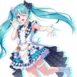 Rule 34 | 1girl, :d, absurdres, aqua hair, arm up, armpit peek, blue eyes, boots, bow, buttons, chain, dress, earrings, frilled dress, frills, gold chain, hair between eyes, hair ornament, hatsune miku, highres, jewelry, long hair, more more jump! miku, one eye closed, open mouth, outstretched arm, outstretched hand, pochimaru (marumaru wanwan), project sekai, sidelocks, simple background, smile, solo, standing, standing on one leg, thigh strap, twintails, very long hair, vocaloid, white background, white bow, white dress, white footwear